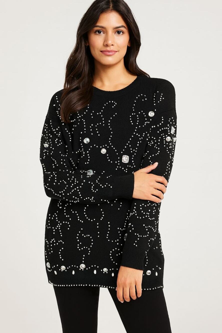 Vintage Midnight Blues Sweater Womens Large Black Beaded Embellished Knit NWT